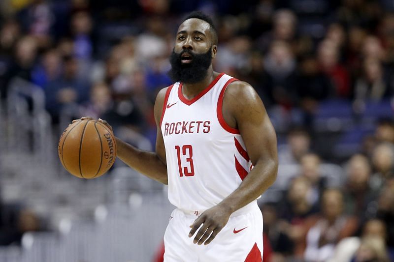 James Harden dribbles the ball during an NBA game in 2017.