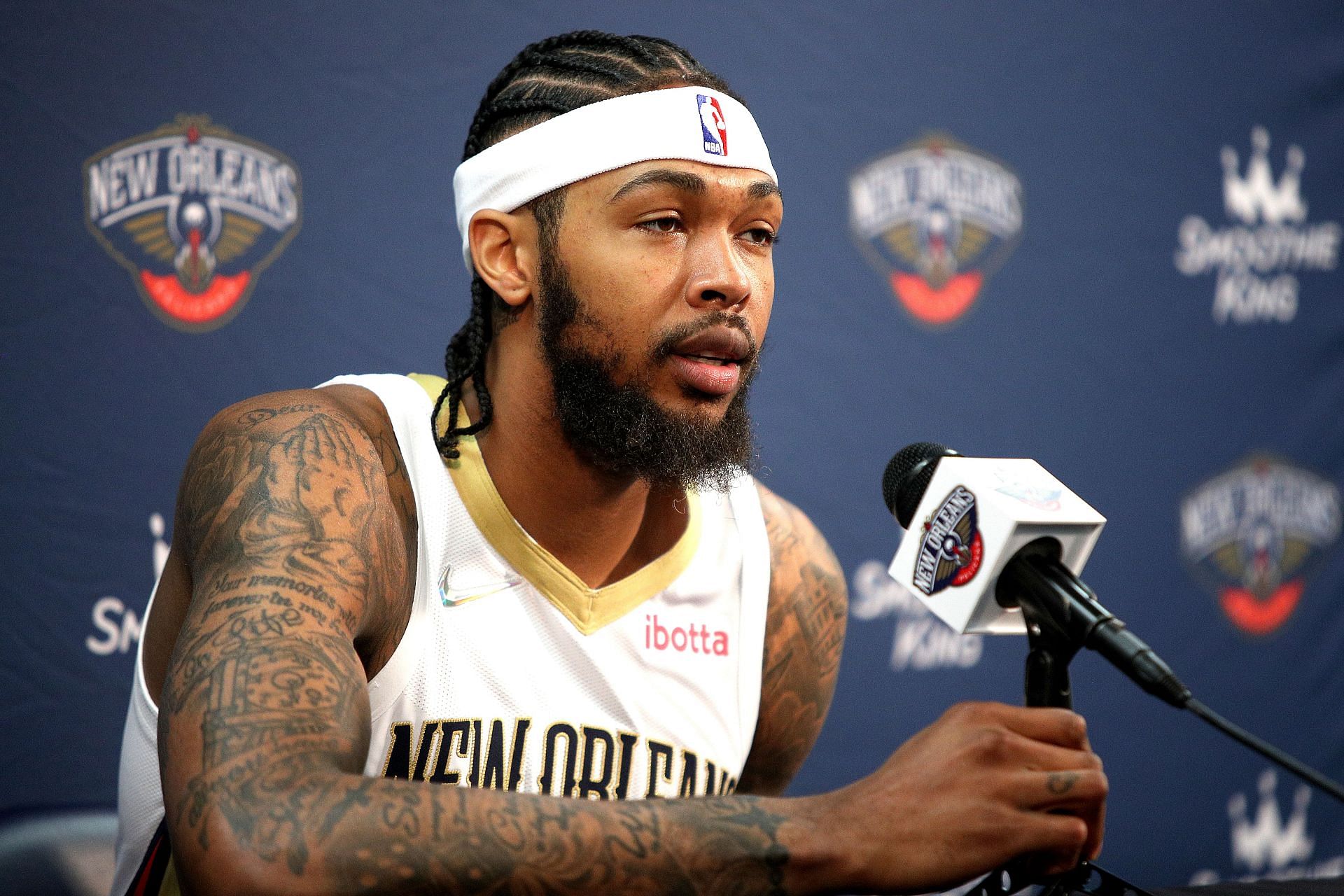 Brandon Ingram #14 of the New Orleans Pelicans speaks to members of the media during Media Day at Smoothie King Center on September 27, 2021 in New Orleans, Louisiana.