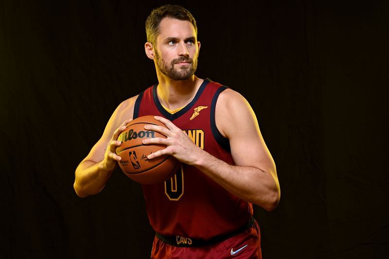 Kevin Love #0 of the Cleveland Cavaliers poses during Cleveland Cavaliers Media Day at Cleveland Clinic Courts on September 27, 2021 in Independence, Ohio.