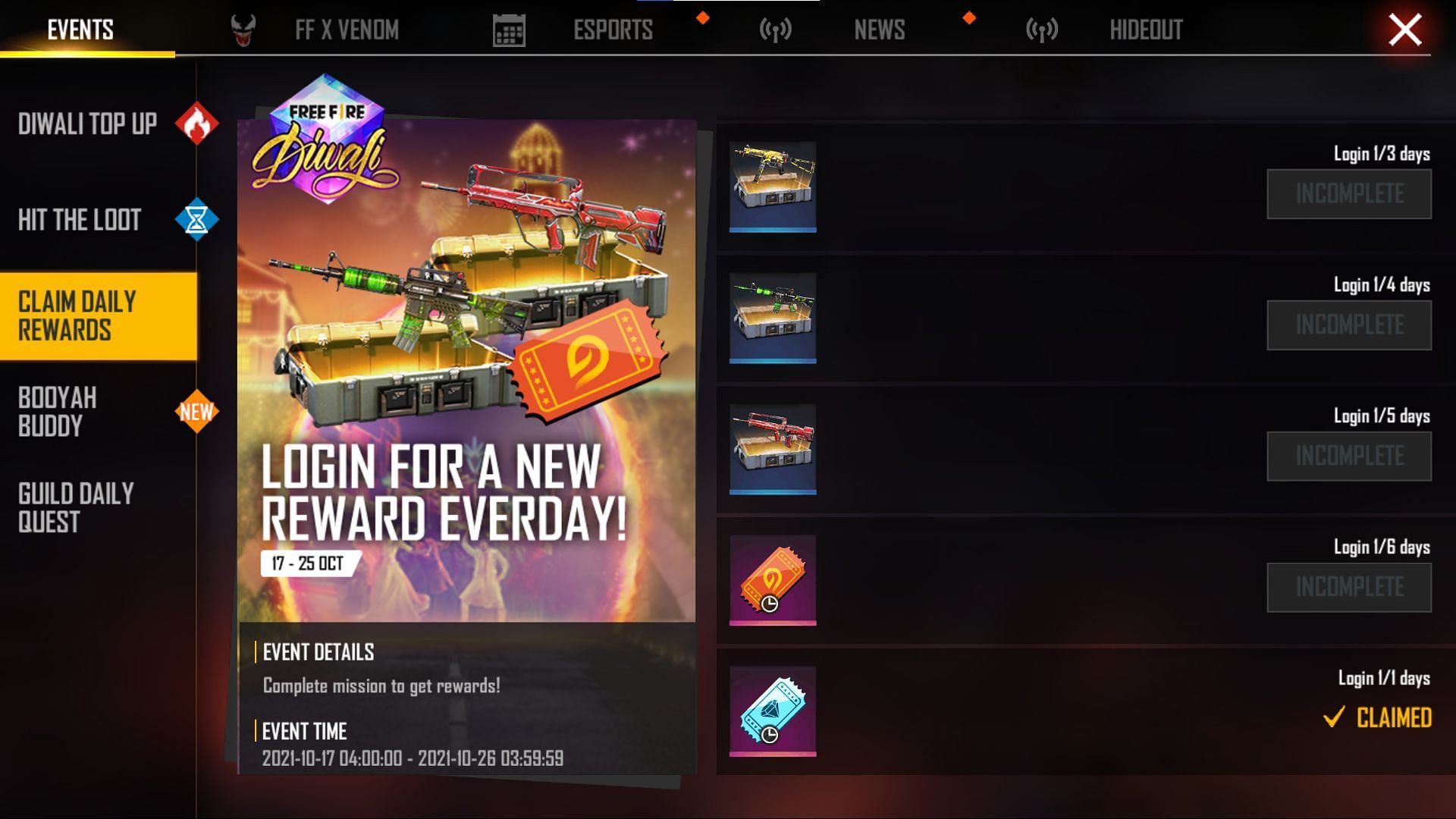Log in every day to get free rewards including vouchers and loot crates (Image via Free Fire)