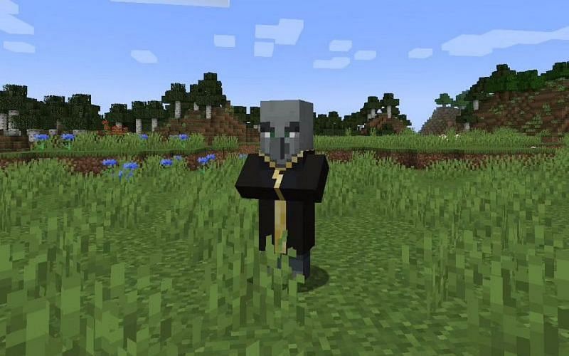 An evoker standing in a plains biome in Minecraft. (Image via Minecraft).