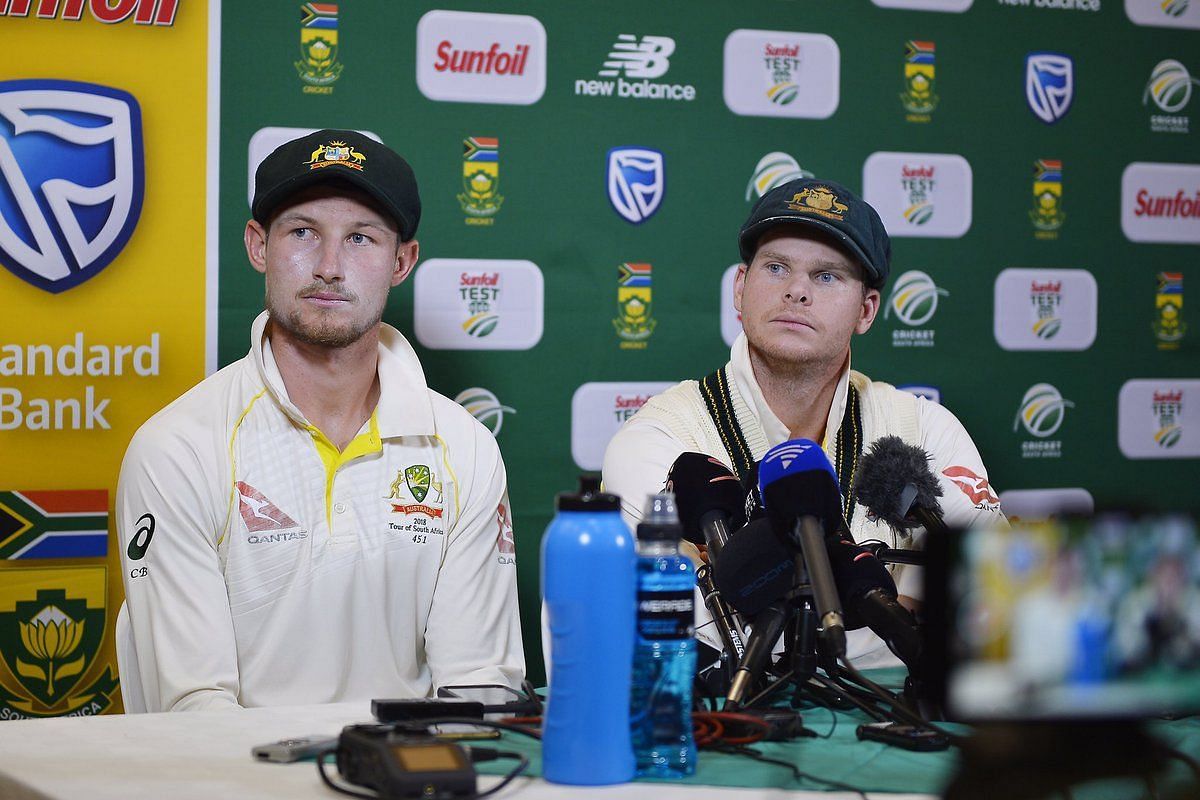 Cameron Bancroft and Steve Smith in a press conference. (Credits: Twitter)