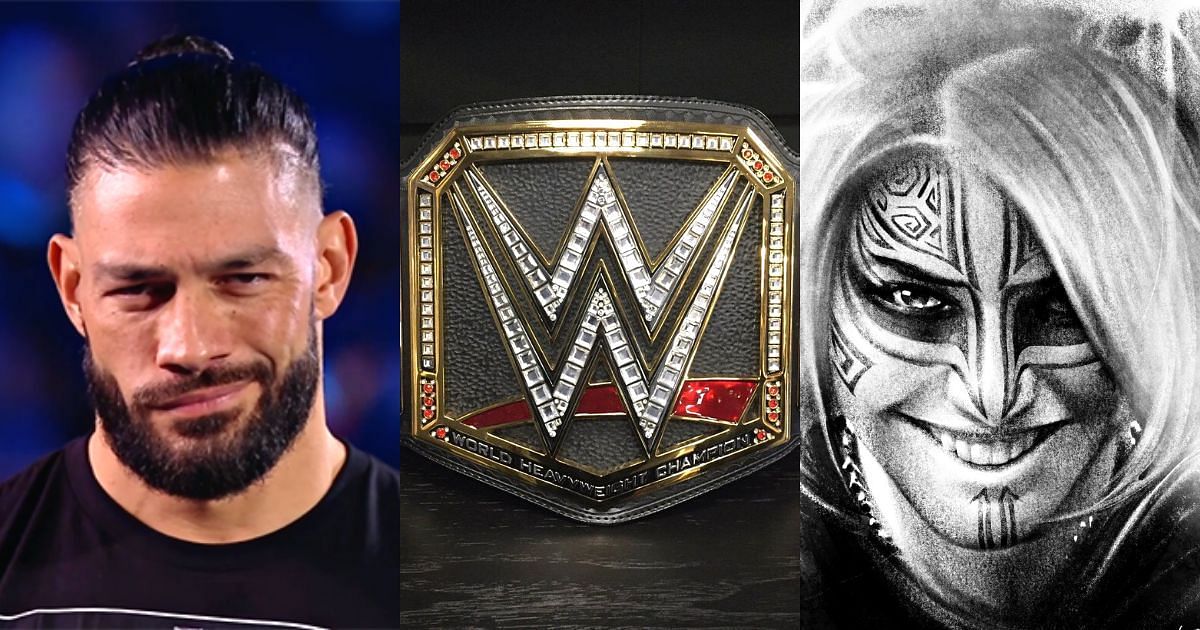 Roman Reigns, the WWE Championship belt, and Alexa Bliss.
