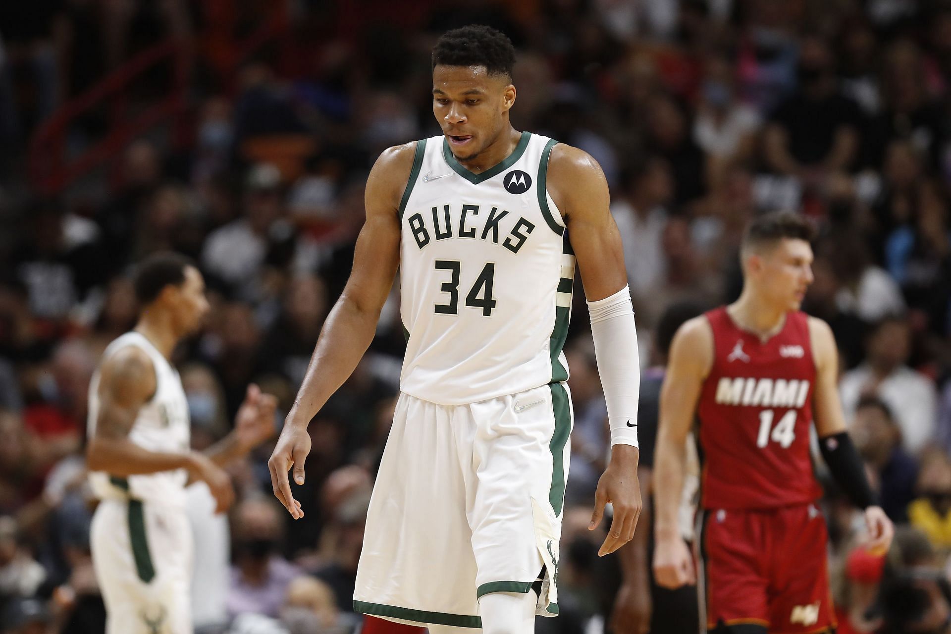 Giannis Antetokounmpo in action in the Milwaukee Bucks vs Miami Heat game