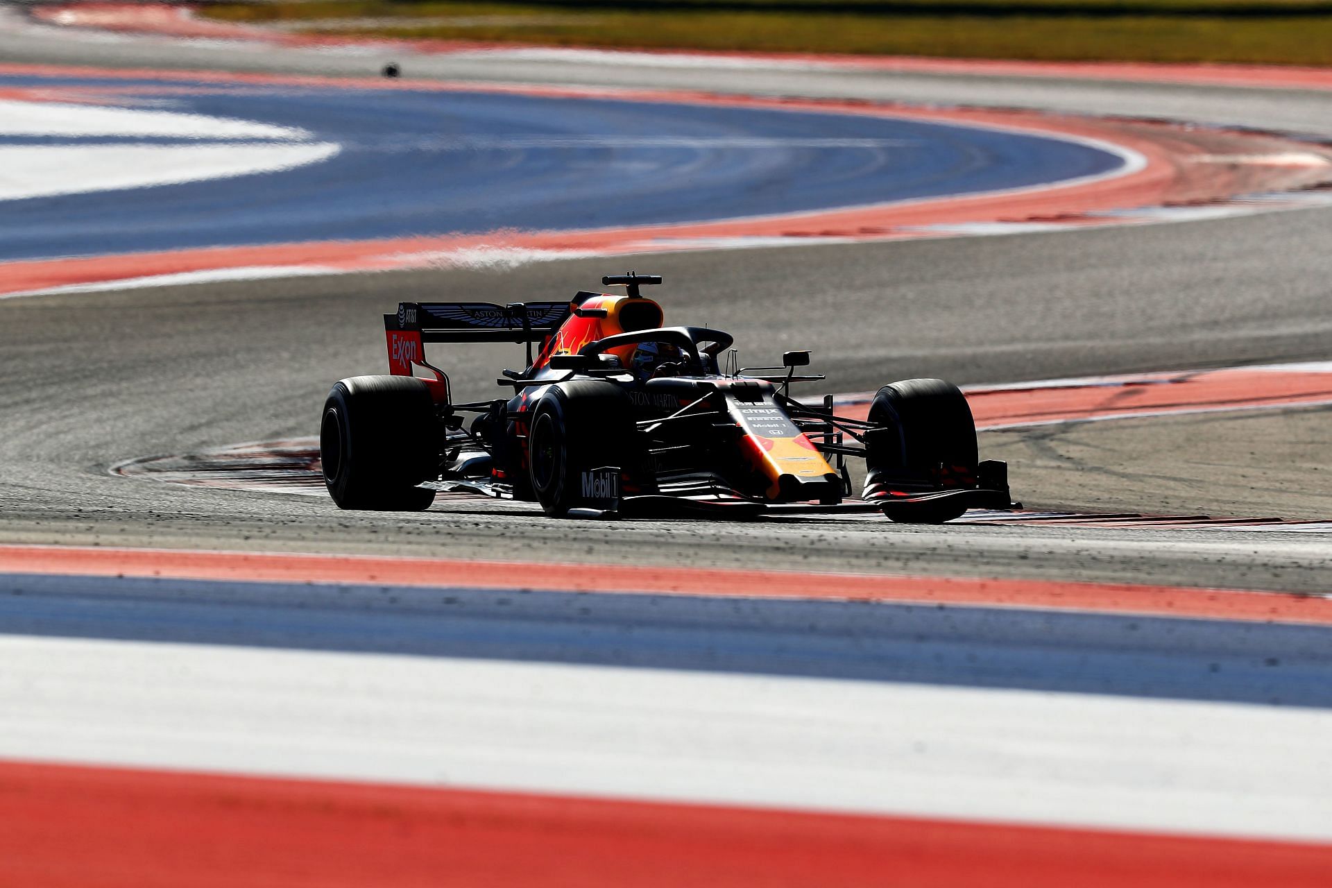 Max Verstappen driving the (33) Aston Martin Red Bull Racing RB15 on track during 2019 US Grand Prix. (Photo by Mark Thompson/Getty Images)