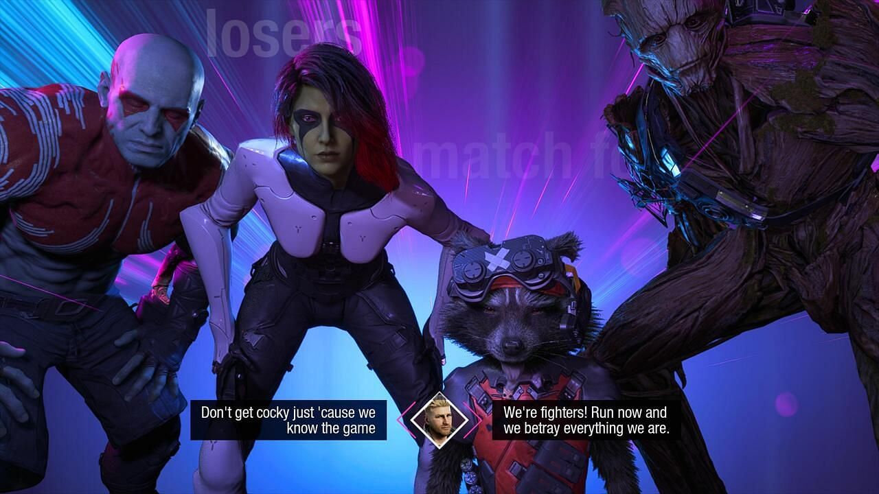 Guardians &quot;Huddling Up&quot; (Screenshot via Marvel&rsquo;s Guardians of the Galaxy)