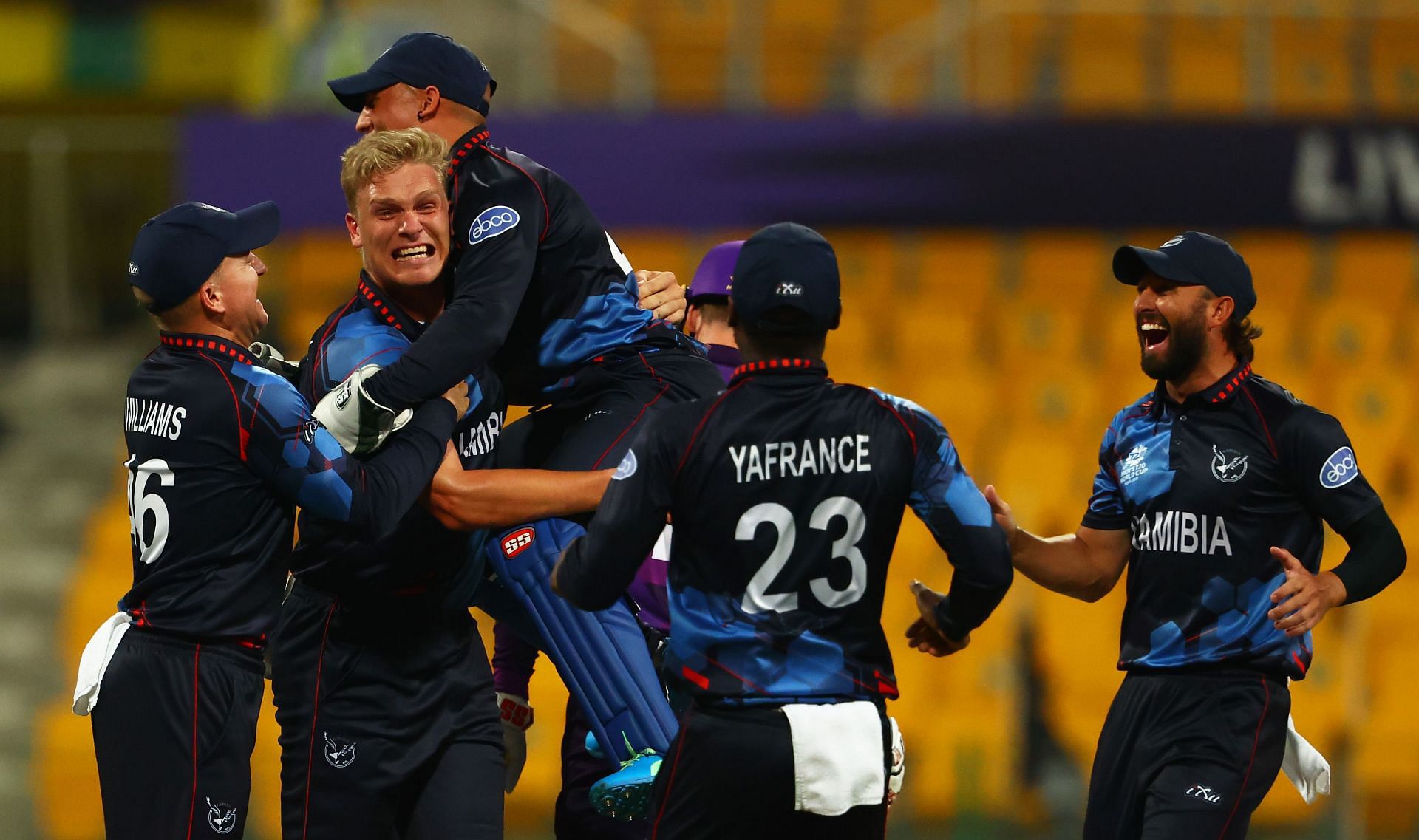 Ecstatic Namibia celebrate a wicket against Scotland. Pic: Getty Images