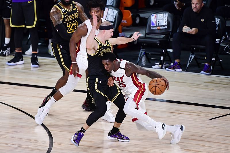 New Los Angeles Lakers shooting guard Kendrick Nunn #25 tries to dribble past a defender