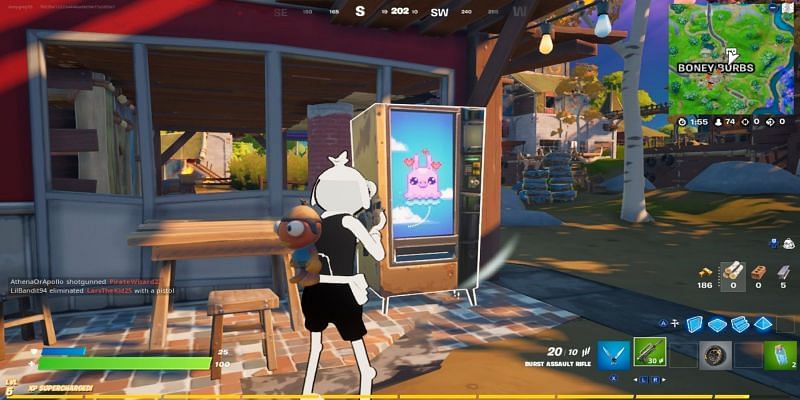Vending machines that sell healing items like shields can be found right outside many of Fortnite&#039;s buildings (Image via Epic Games)