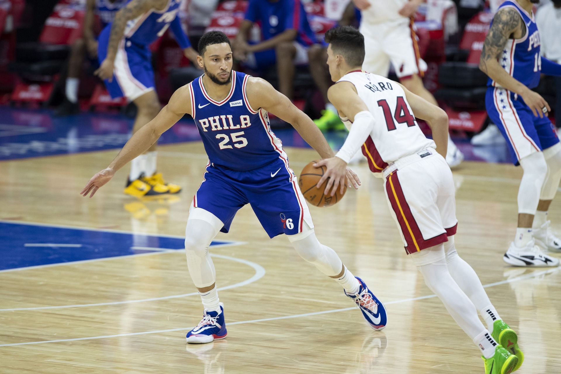 Philadelphia 76ers, Ben Simmons #25 on defense against the Miami Heat