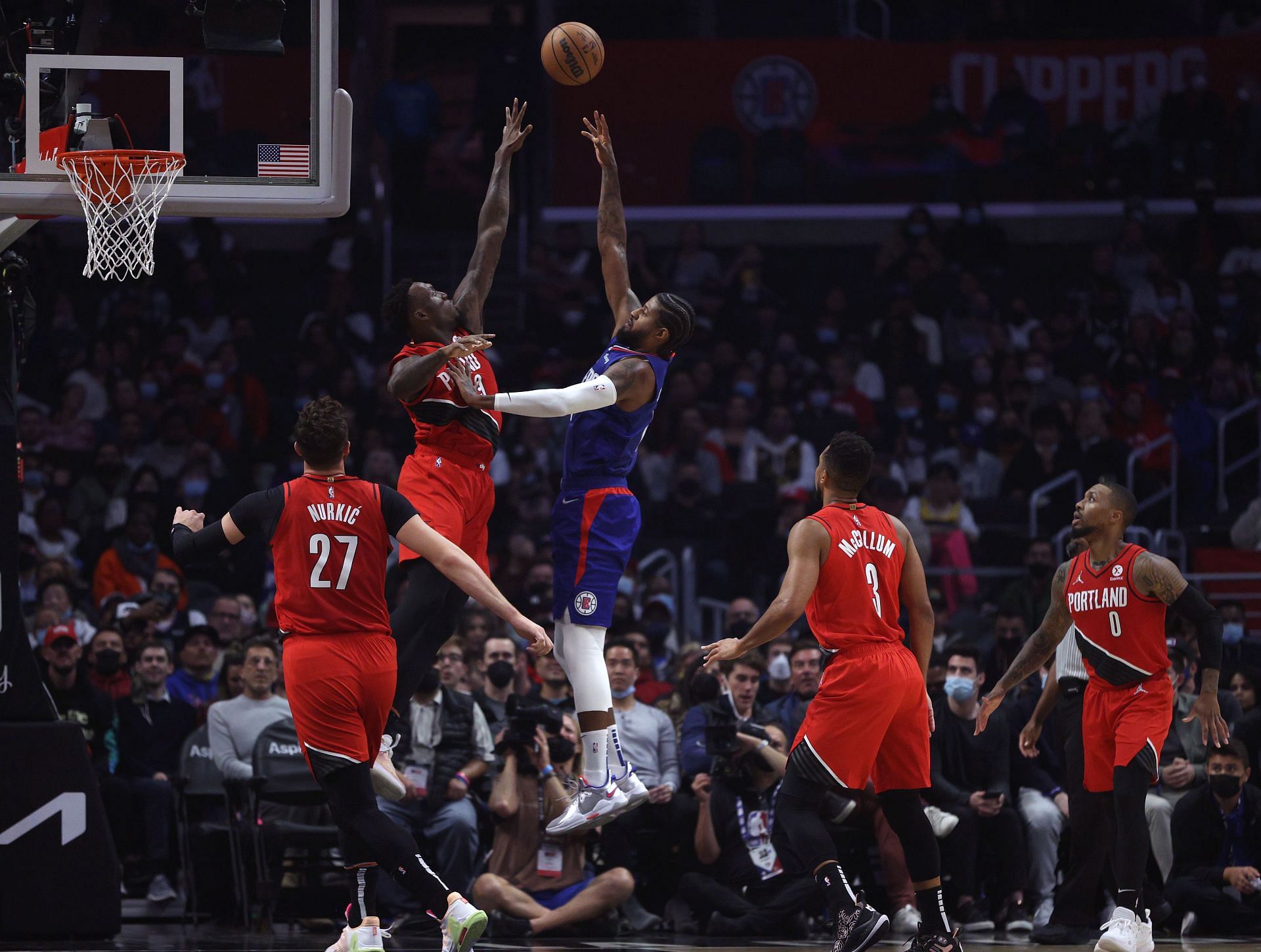 Paul George of the Los Angeles Clippers in action against the Portland Trail Blazers