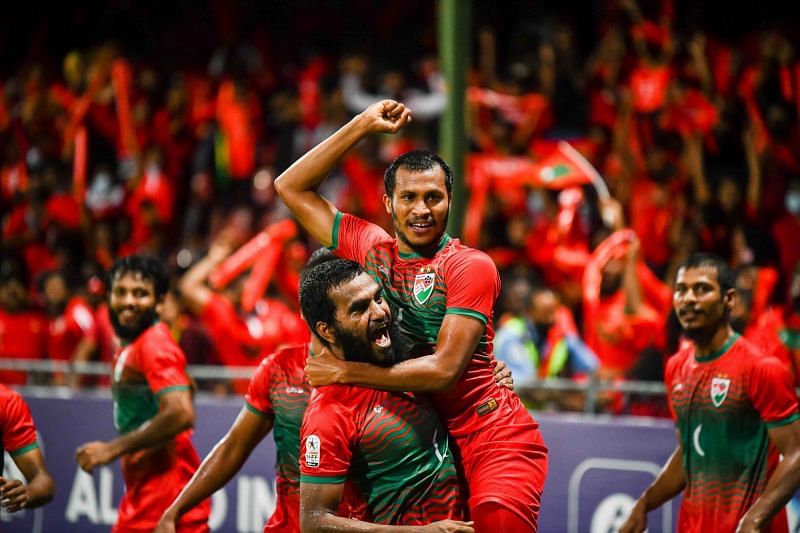 Maldives beat Bangladesh 2-0 in the SAFF Championship 2021. (Image: Waddey Ali)