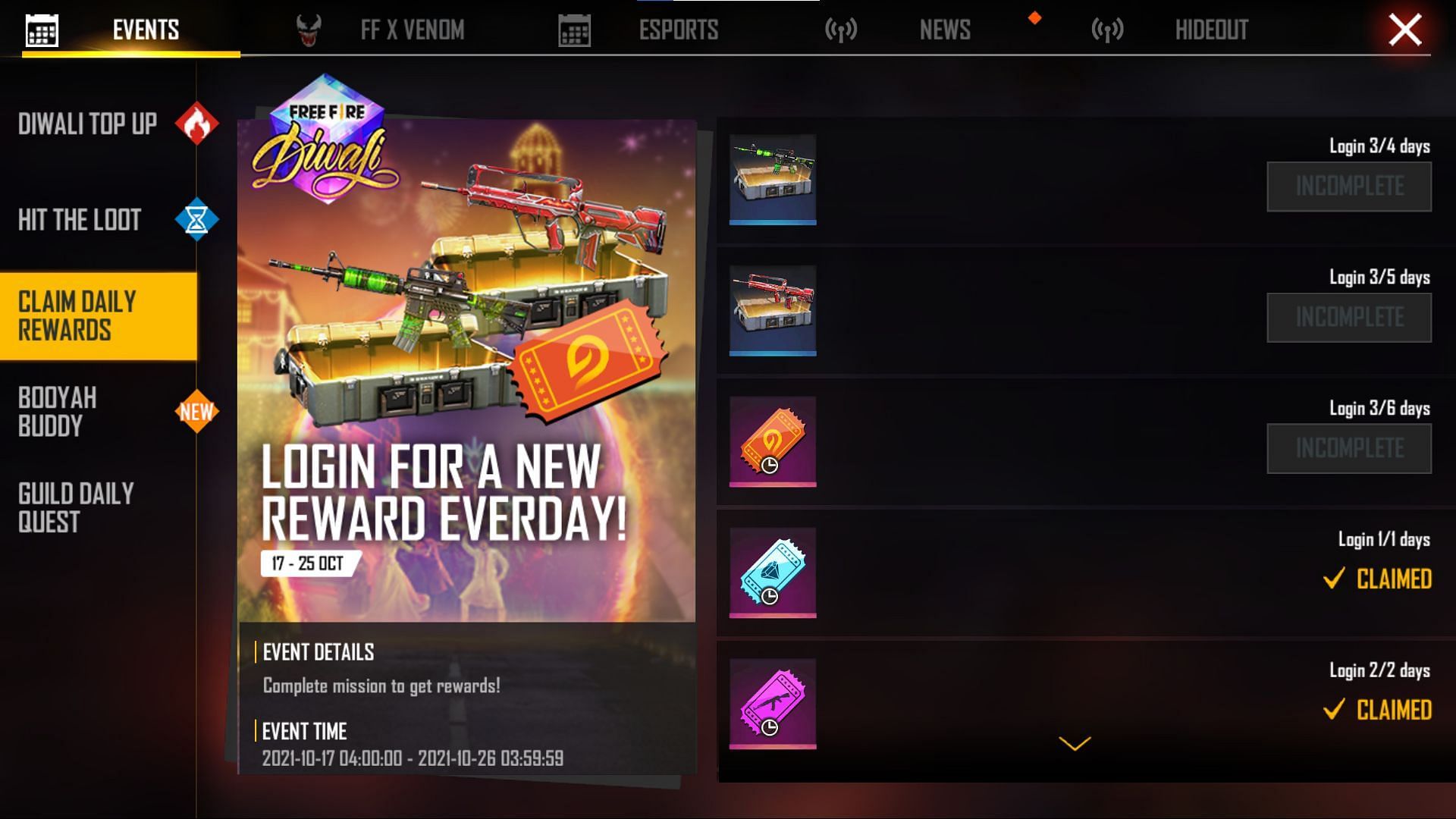 Upon logging in, players will receive a free reward (Image via Free Fire)