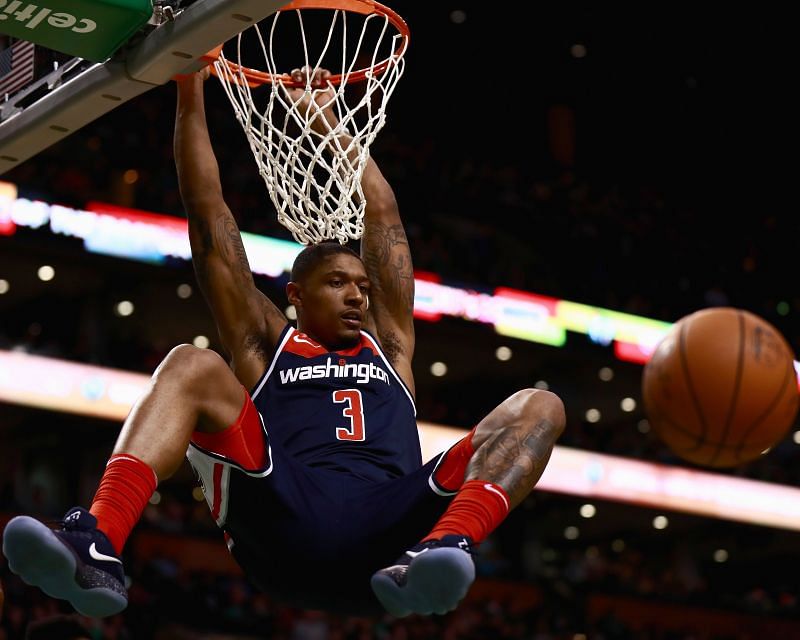 Bradley Beal looks on after dunking the ball against the Boston Celtics.