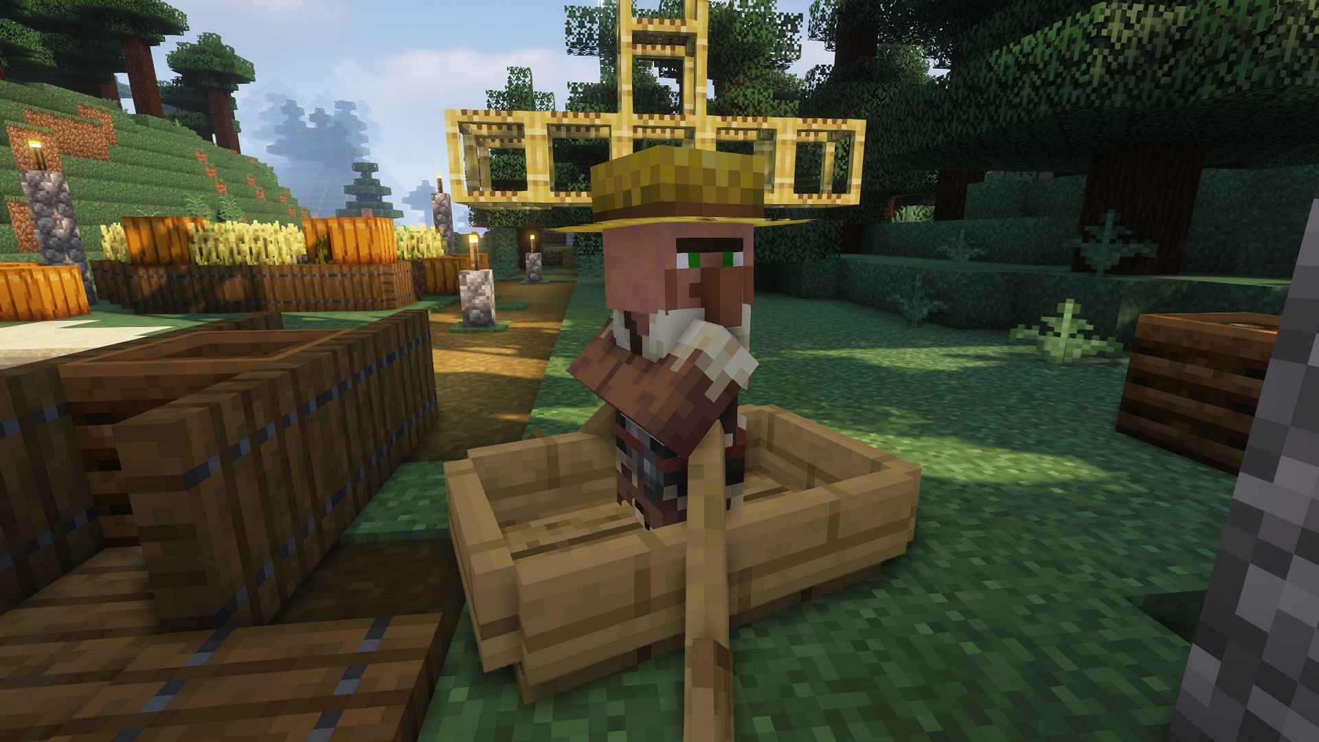 Boats can be operated with a villager sitting in it (Image via Minecraft)