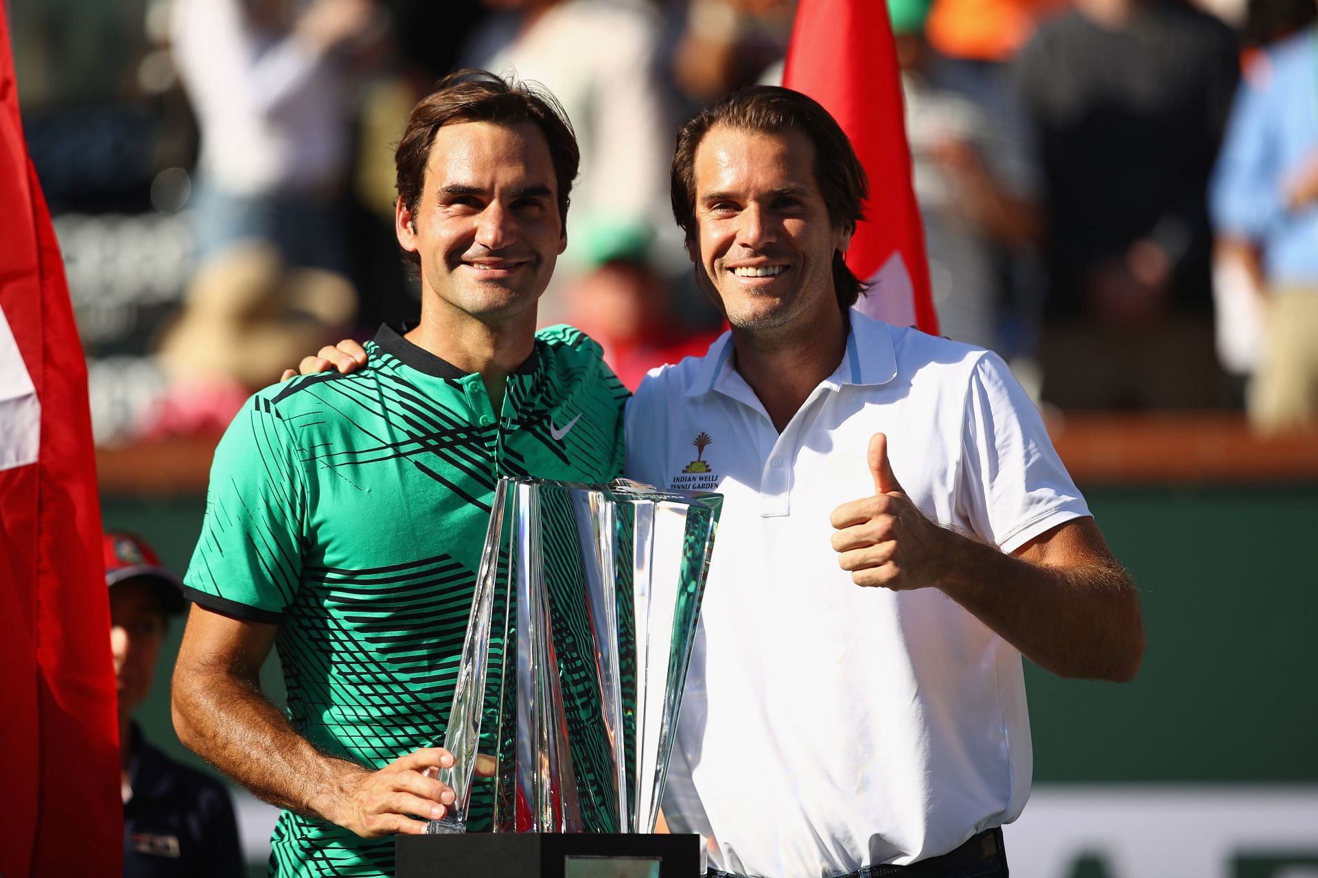 Roger Federer with Tommy Haas after the former won the 2017 BNP Paribas Open