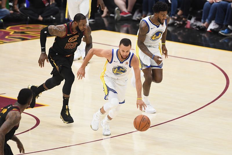 Stephen Curry takes the ball up the court at the 2018 NBA Finals - Game Four