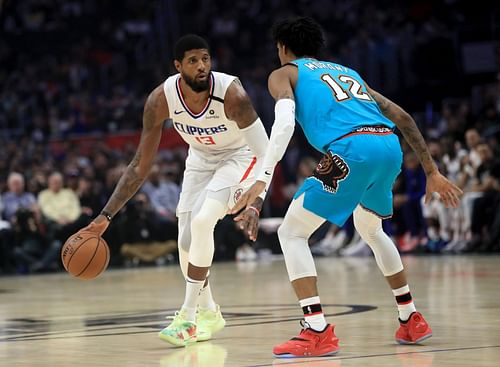 Paul George takes on Ja Morant during Memphis Grizzlies v Los Angeles Clippers game.