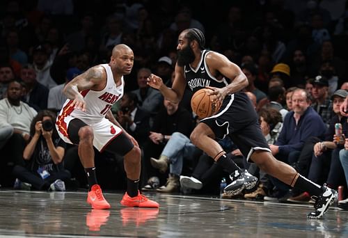 Brooklyn Nets superstar James Harden driving into the lane against PJ Tucker