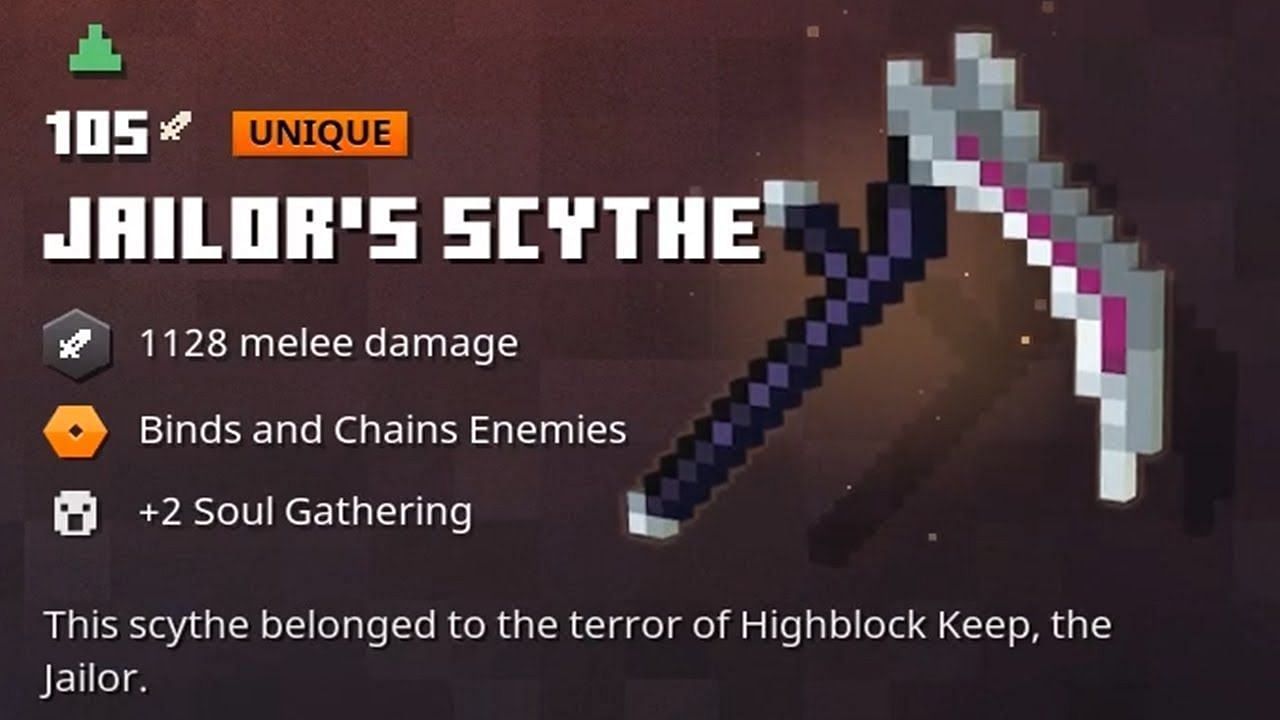 The Jailor&#039;s Scythe, a strong unique weapon in Minecraft Dungeons. (Image via Mojang)