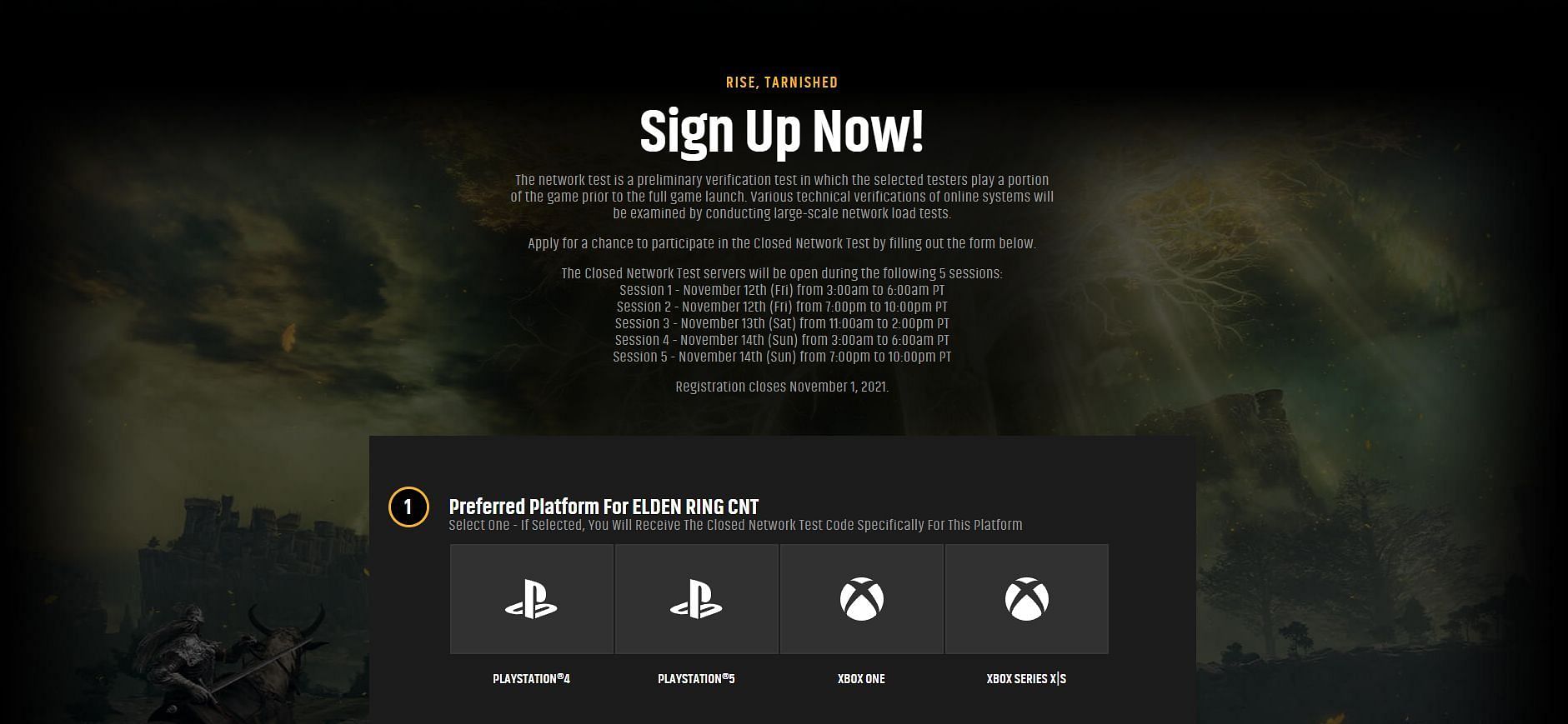 The Elden Ring Closed Network Test sign-up page (Image via Bandai Namco)