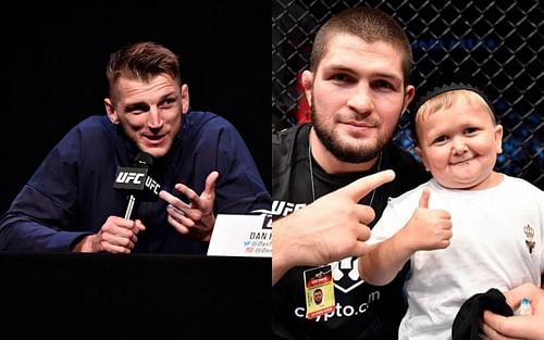 Dan Hooker (left), Khabib Nurmagomedov (centre) & Hasbulla Magomedov (right) [Image Credits- @btsportufc on Twitter]