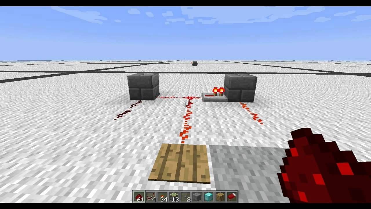 Pressure plates can generate a redstone current that can vary depending on the plate type and the weight imposed on it (Image via Mojang/YouTube user MyLifeinMC)