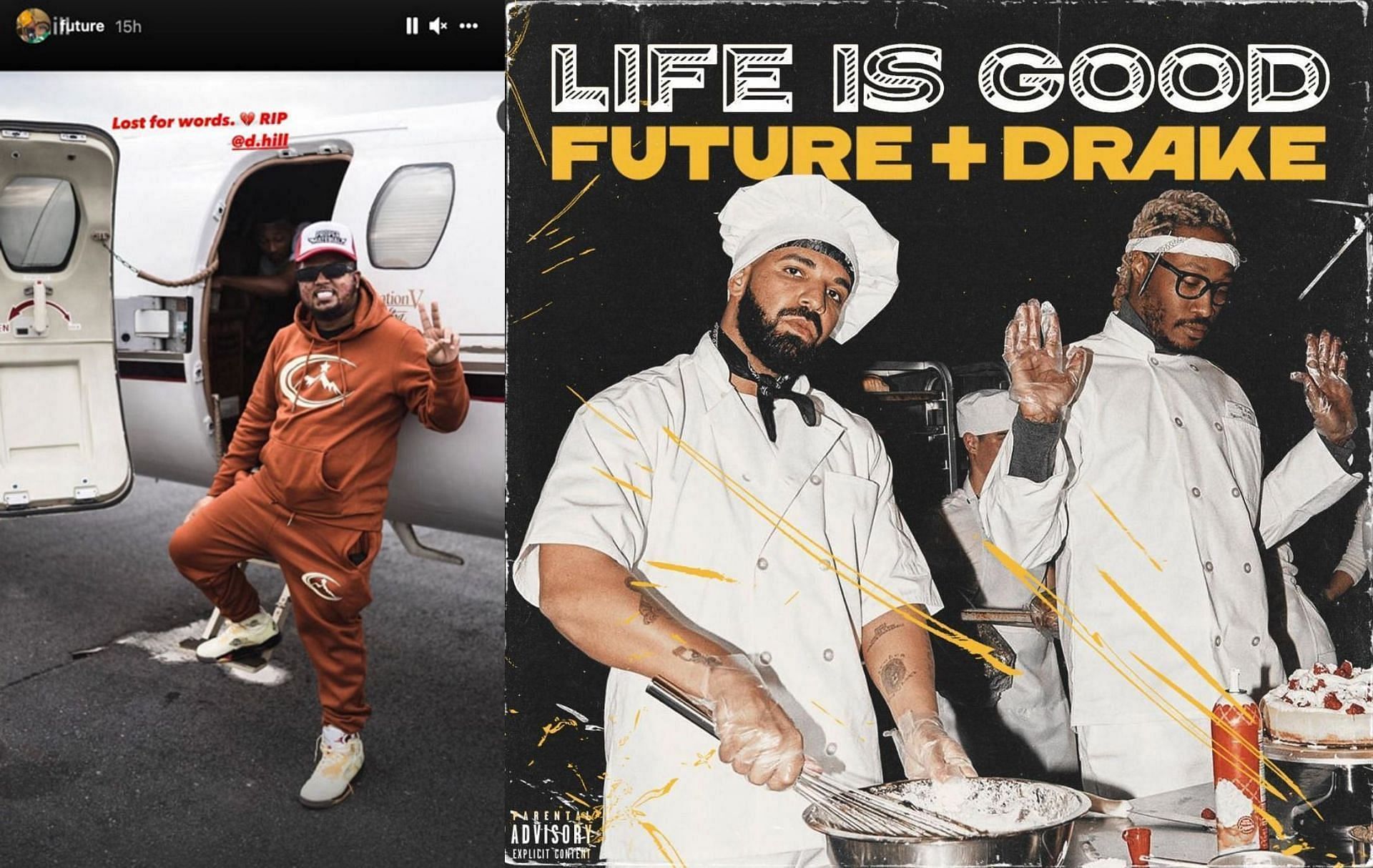 Future&#039;s Instagram story, Future and Drake (Images via future/Instagram and Epic/Freebandz)