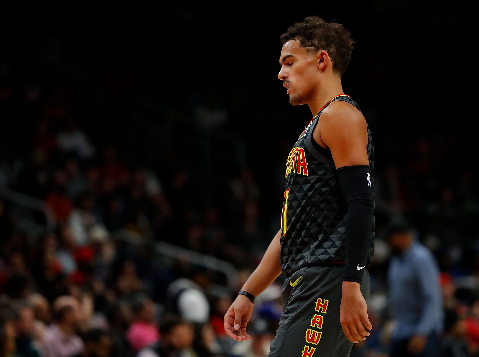 Trae Young #11 of the Atlanta Hawks reacts in the second half against the Chicago Bulls at State Farm Arena on November 06, 2019 in Atlanta, Georgia.
