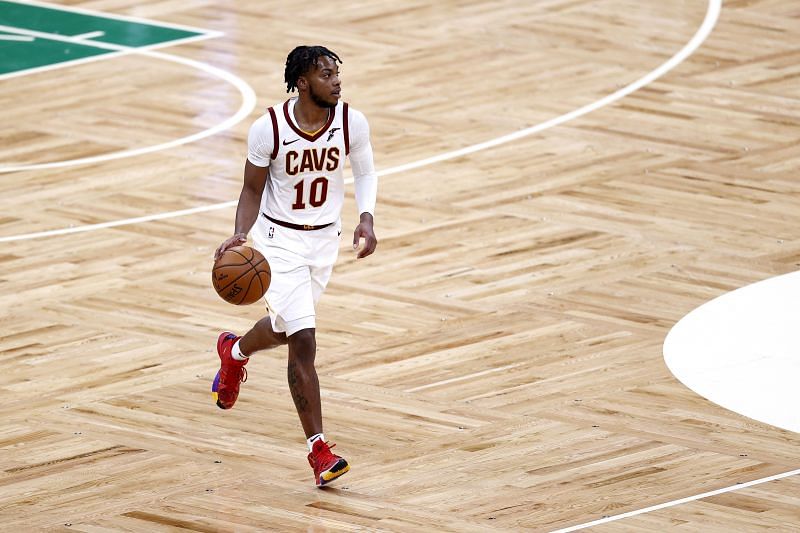 Darius Garland in action during the Cleveland Cavaliers v Boston Celtics game