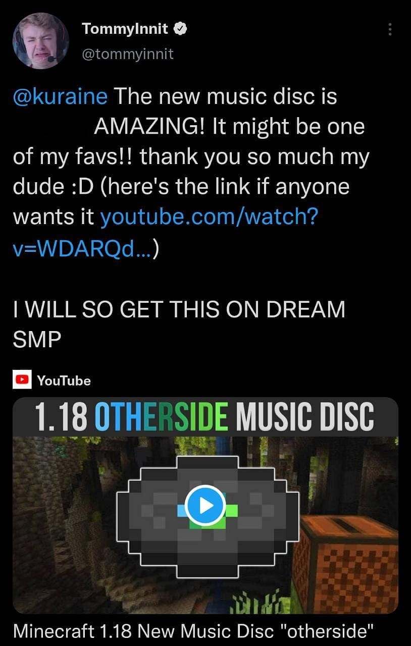 TommyInnit tweets about new music disc (Image via Twitter)