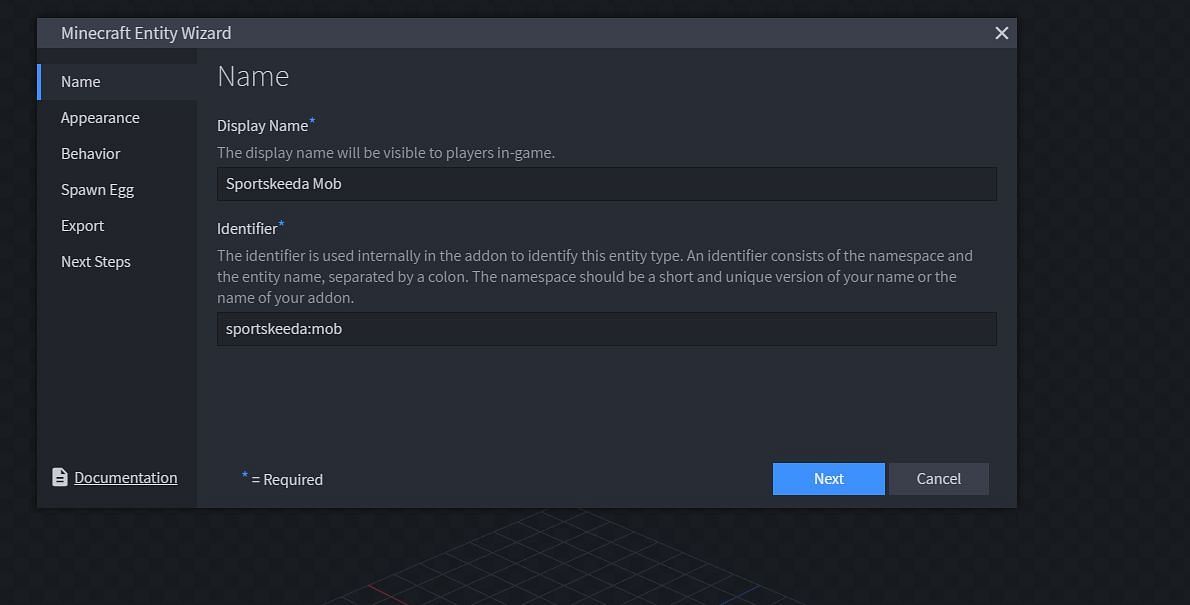 Players will need to give their new mob a name and unique identifier (Image via Blockbench)