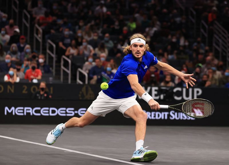 Stefanos Tsitsipas chases a shot at the Laver Cup 2021