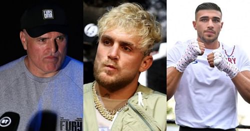 John Fury (left); Jake Paul (center); Tommy Fury (right)