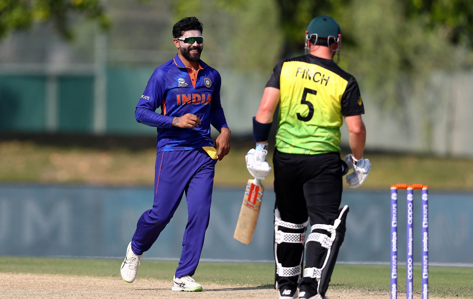 Ravindra Jadeja celebrates a wicket against Australia in a warm-up match. (Image credits: BCCI)