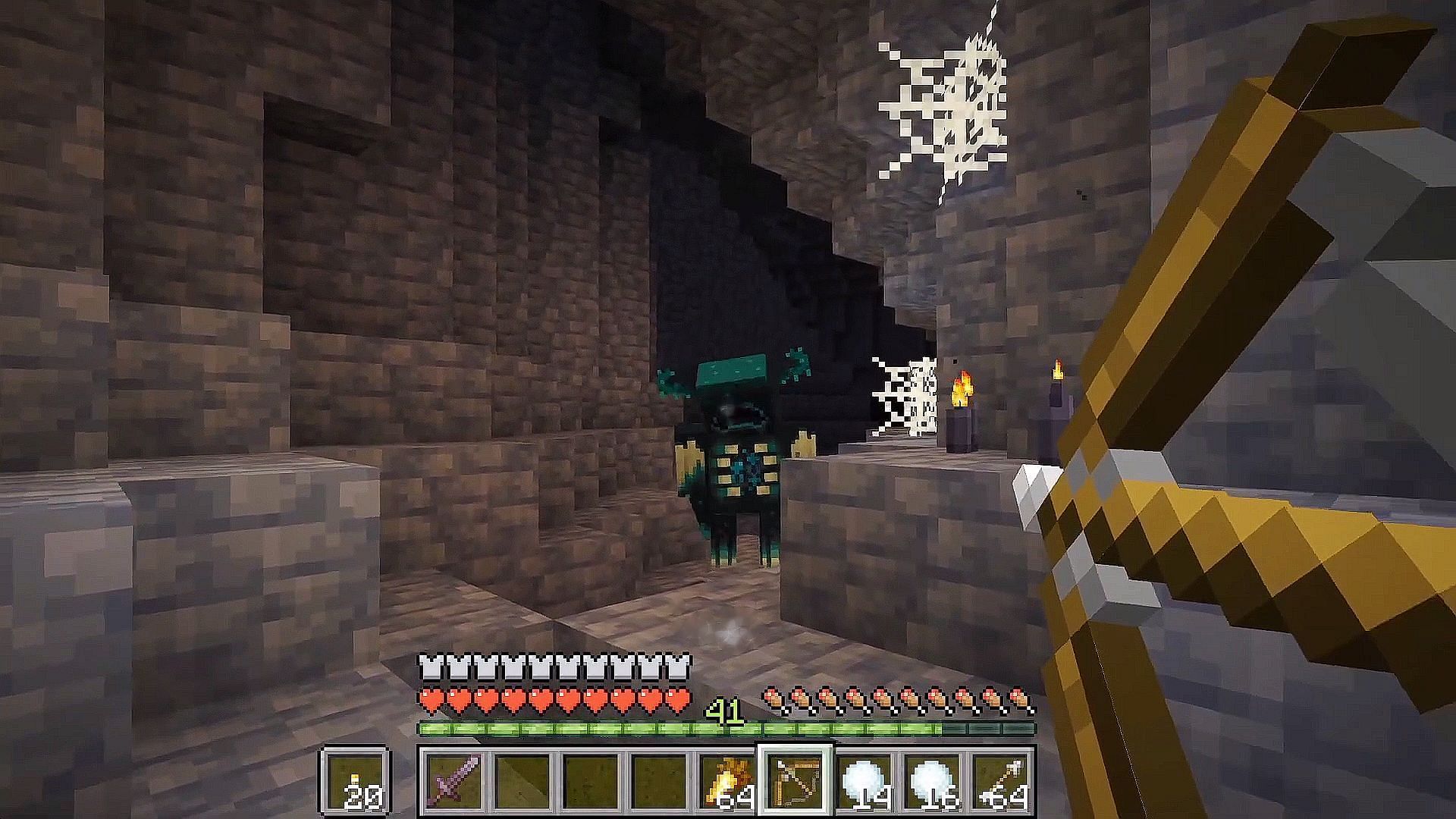 Player attacking a warden in the deep dark cave (Image via Mojang)