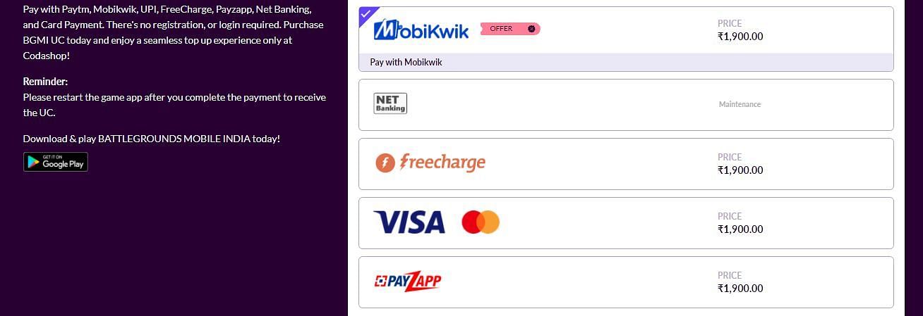 BGMI UC at a discount on Codashop with Mobikwik (Image via codashop.com)