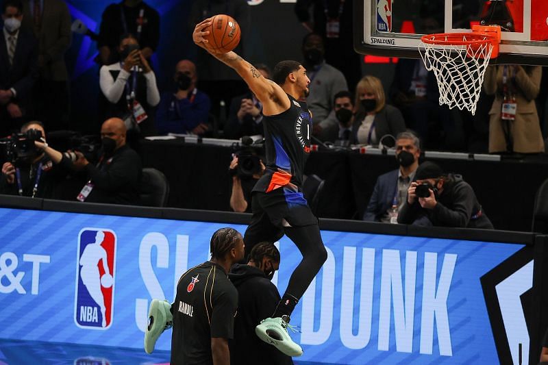 New York Knick Obi Toppin dunking in the Slam Dunk contest