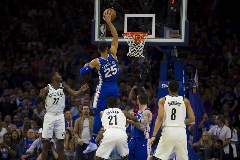 Ben Simmons of the Philadelphia 76ers flies for a dunk against the Brooklyn Nets in a game last season