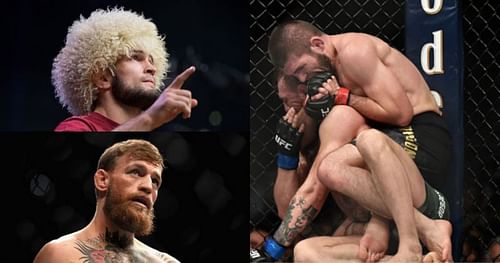 Khabib Nurmagomedov (top left); Conor McGregor (bottom left); McGregor was submitted by Khabib at UFC 229 (right)