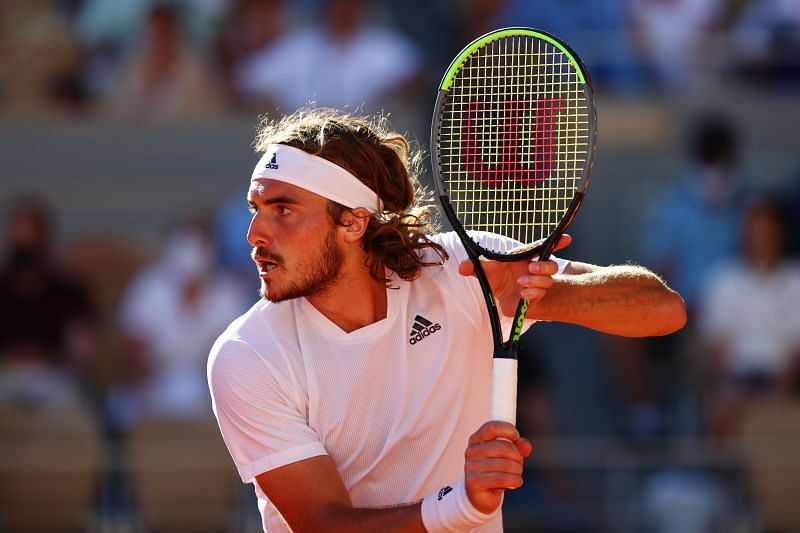 Stefanos Tsitsipas in action at the 2021 French Open.