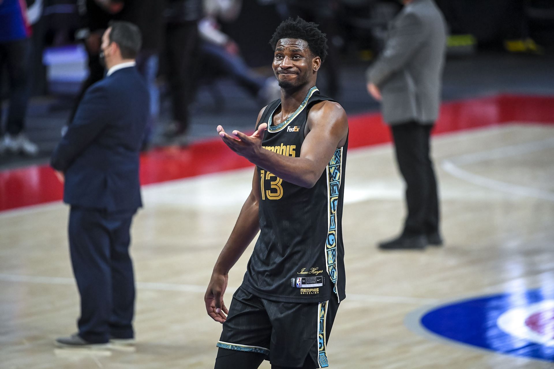 Jaren Jackson Jr. #13 of the Memphis Grizzlies reacts after losing to the Detroit Pistons at Little Caesars Arena on May 06, 2021 in Detroit, Michigan.