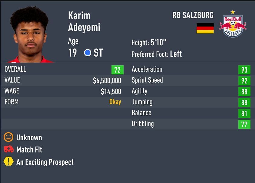 Rated 72 in career mode, Adeyemi has a 71-rated base card in FUT(Image via Sportskeeda)