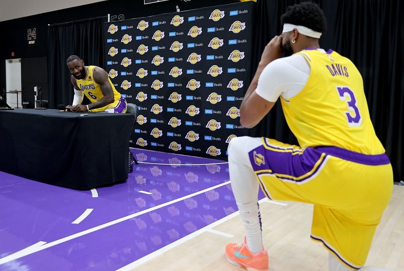 LeBron James and Russell Westbrook at Los Angeles Lakers Media Day