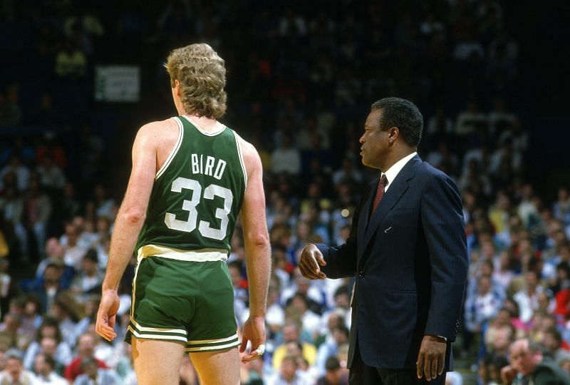 Boston Celtics coach K.C. Jones coaching up Larry Bird