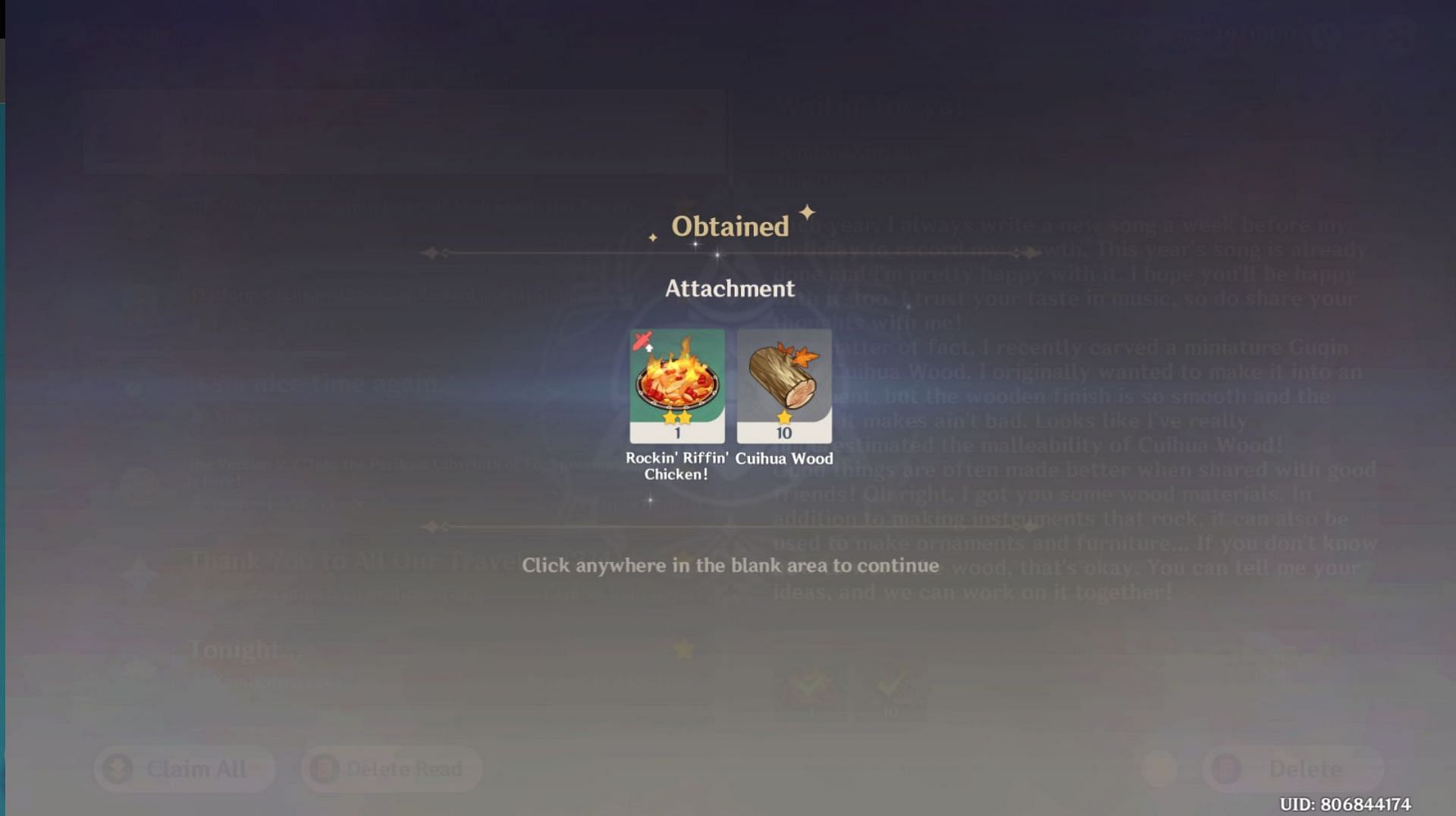 The rewards players get from Xinyan (Image via Genshin Impact)