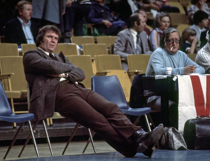 Tom Heinsohn on the bench coaching the Boston Celtics