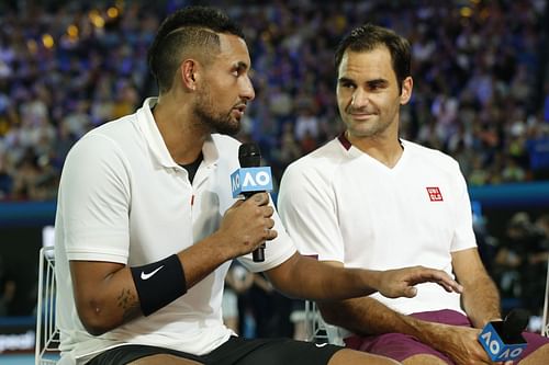 Nick Kyrgios and Roger Federer at the Tennis Rally for Relief event in Melbourne, Australia