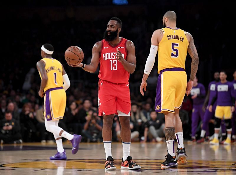 James Harden in action during a Houston Rockets v Los Angeles Lakers game.