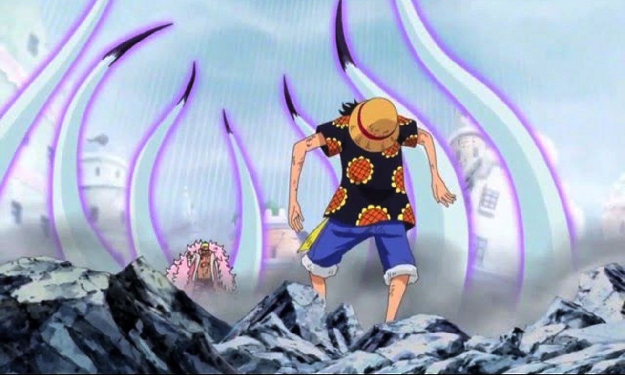Doffy seen here attacking Luffy with Armament Haki tipped strings made via Doffy's Devil Fruit Awakening powers. (Image via Toei Animation)